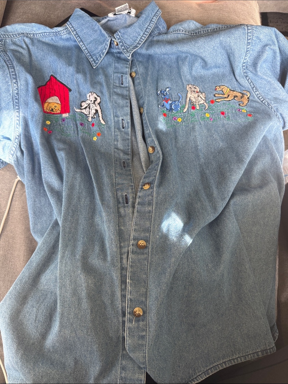 Vintage Effeci Shirt Womens L Blue Denim Dog Embroidered Button Up Grandma Core